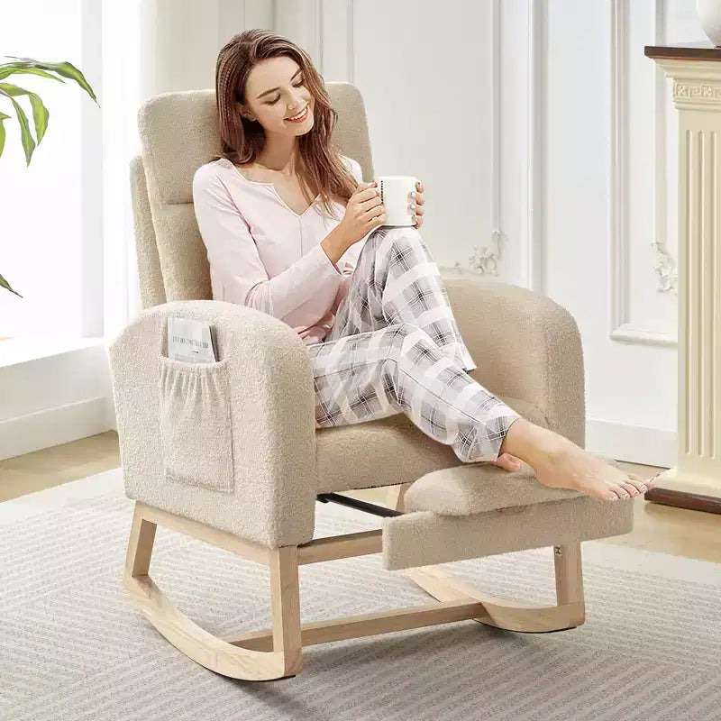 Fauteuil à bascule de puériculture, fauteuil à bascule d'allaitement avec repose-pieds, fauteuil à bascule inclinable confortable avec poche latérale, pour salon, chambre à coucher