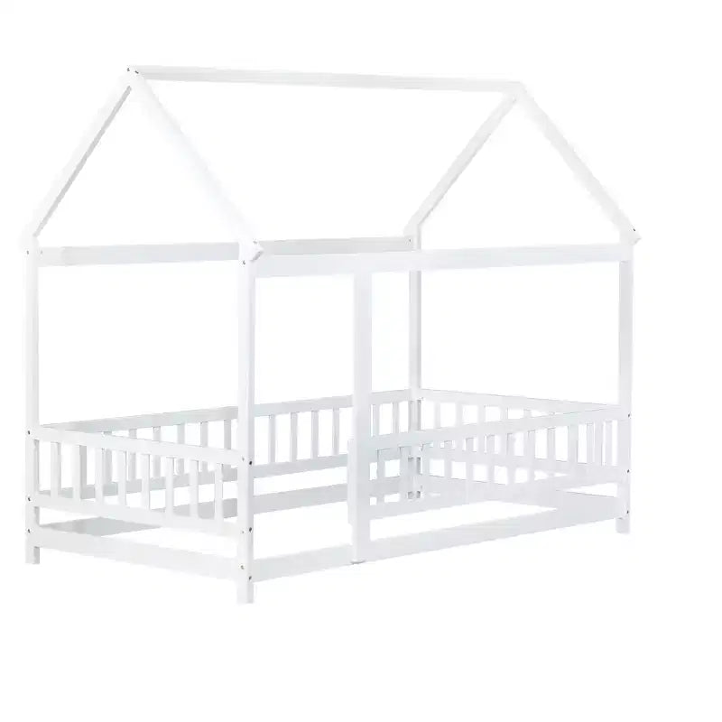 Lit de sol de style maison une place avec cadre de toit et barrière