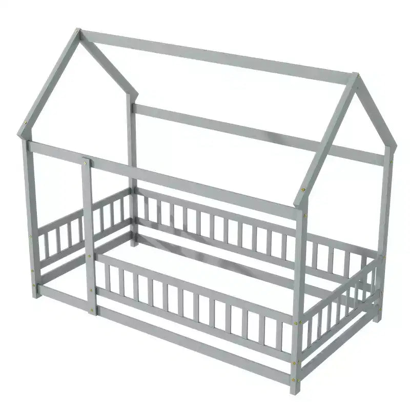 Lit de sol de style maison une place avec cadre de toit et barrière