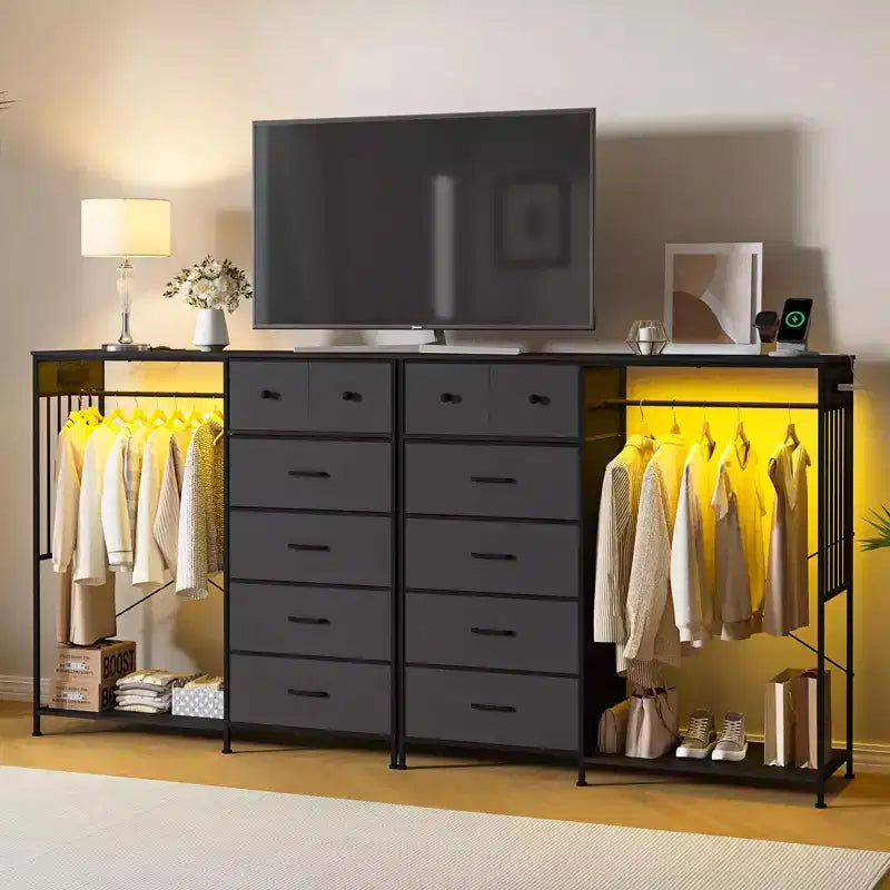 Commode de chambre à coucher large de 124 cm avec tringle à vêtements réversible à 6 tiroirs, lumières LED et station USB, panneaux frontaux