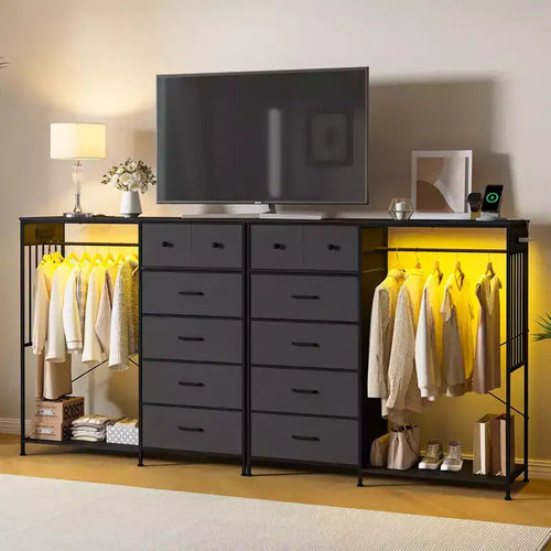Commode de chambre à coucher large de 124 cm avec tringle à vêtements réversible à 6 tiroirs, lumières LED et station USB, panneaux frontaux