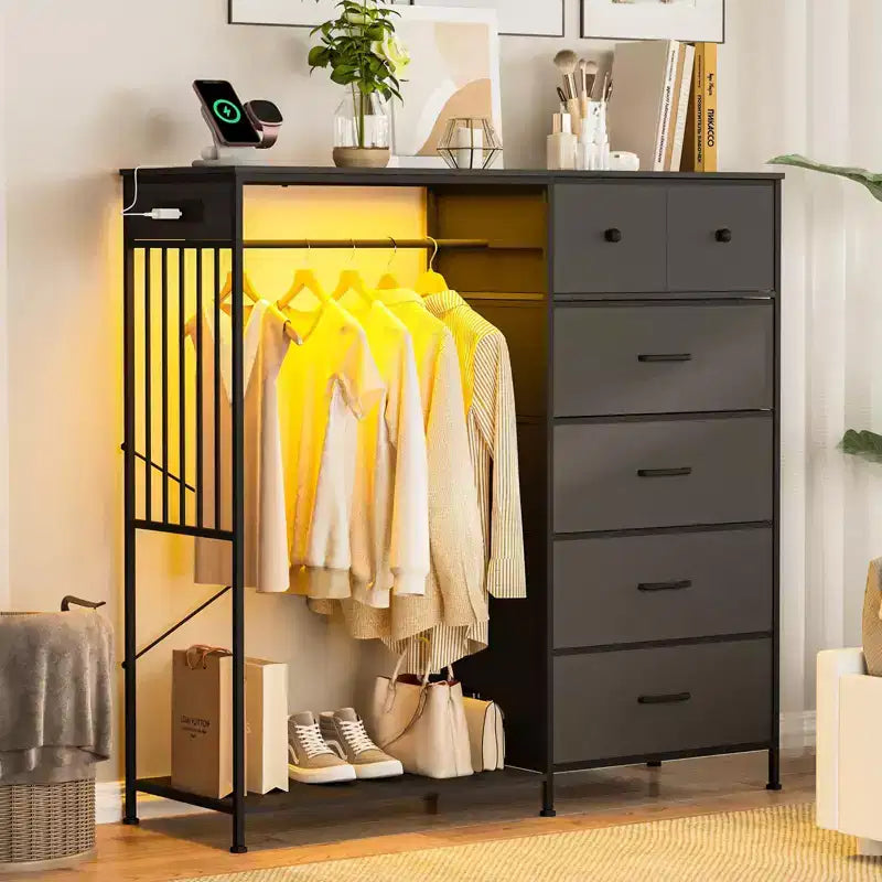 Commode de chambre à coucher large de 124 cm avec tringle à vêtements réversible à 6 tiroirs, lumières LED et station USB, panneaux frontaux