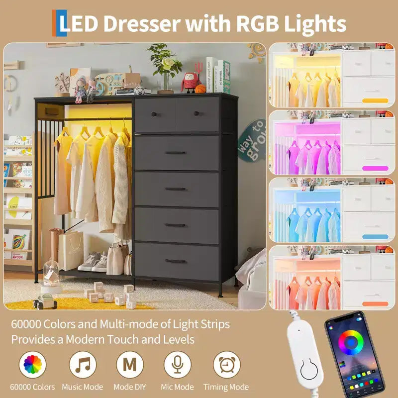 Commode de chambre à coucher large de 124 cm avec tringle à vêtements réversible à 6 tiroirs, lumières LED et station USB, panneaux frontaux