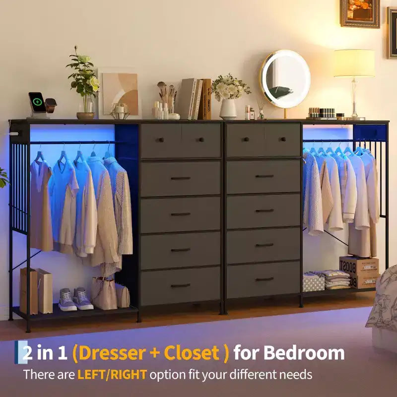 Commode de chambre à coucher large de 124 cm avec tringle à vêtements réversible à 6 tiroirs, lumières LED et station USB, panneaux frontaux