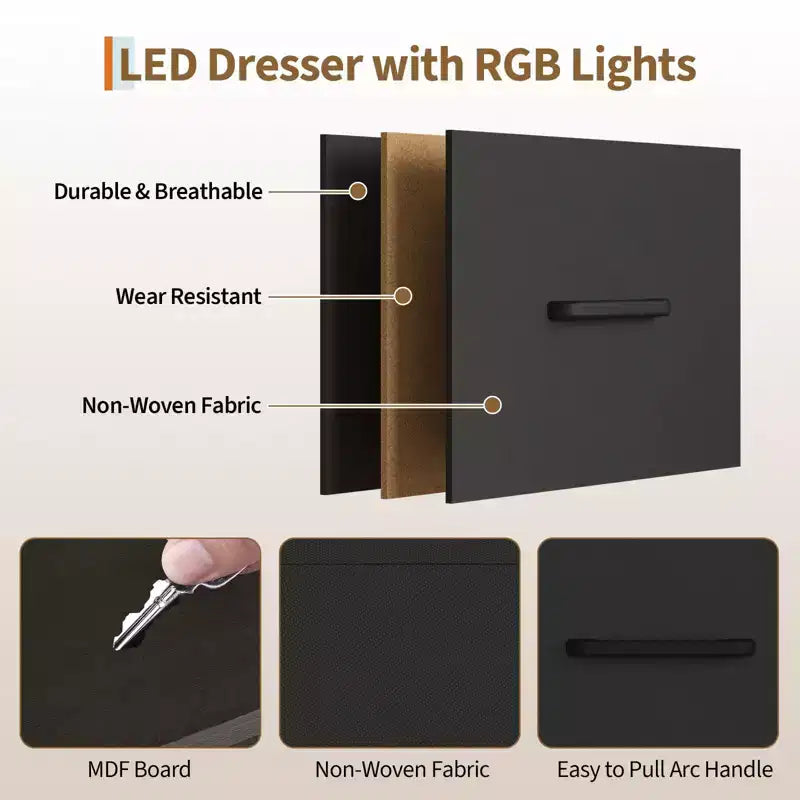 Commode de chambre à coucher large de 124 cm avec tringle à vêtements réversible à 6 tiroirs, lumières LED et station USB, panneaux frontaux