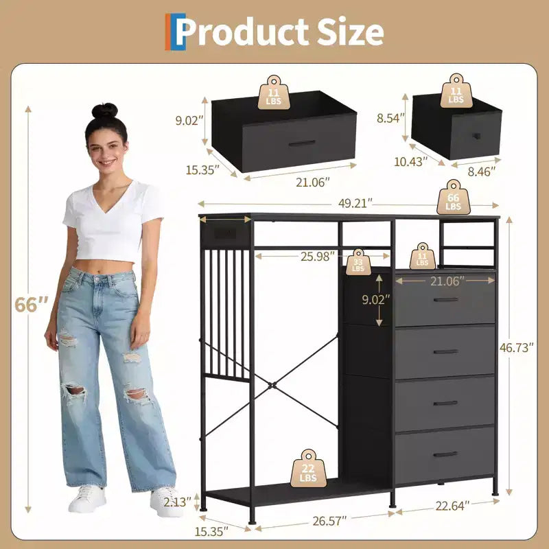 Commode de chambre à coucher large de 124 cm avec tringle à vêtements réversible à 6 tiroirs, lumières LED et station USB, panneaux frontaux