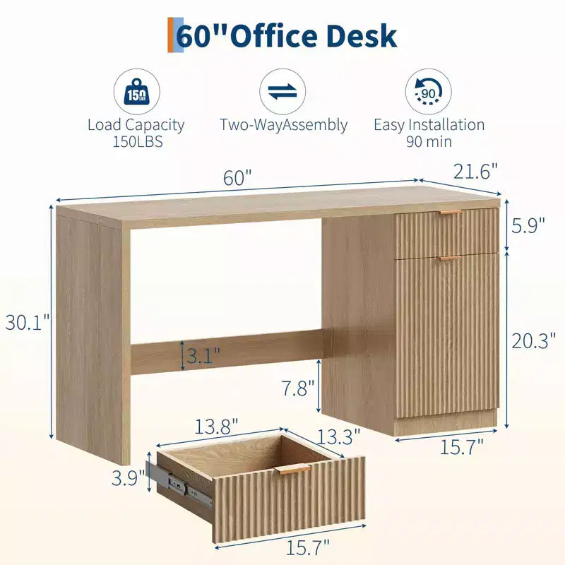 Bureau de direction cannelé de 60 pouces avec armoire de rangement - Bureau d'ordinateur moderne en bois avec tiroirs pour bureau à domicile, salle d'étude - Chêne naturel