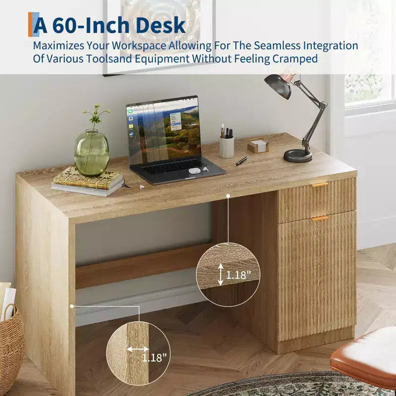 Bureau de direction cannelé de 60 pouces avec armoire de rangement - Bureau d'ordinateur moderne en bois avec tiroirs pour bureau à domicile, salle d'étude - Chêne naturel