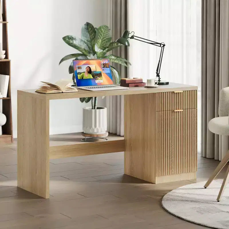 Bureau de direction cannelé de 60 pouces avec armoire de rangement - Bureau d'ordinateur moderne en bois avec tiroirs pour bureau à domicile, salle d'étude - Chêne naturel