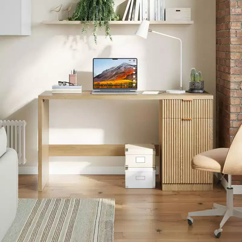 Bureau de direction cannelé de 60 pouces avec armoire de rangement - Bureau d'ordinateur moderne en bois avec tiroirs pour bureau à domicile, salle d'étude - Chêne naturel
