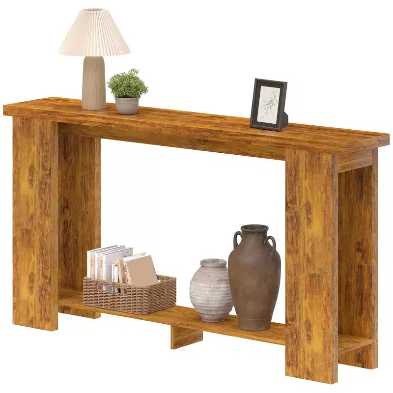 Console rustique de ferme, table d'entrée étroite de 160 cm avec étagère de rangement et plateau épaissi pour salon