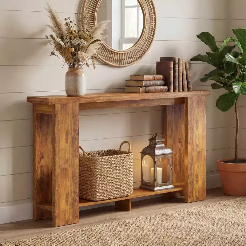 Console rustique de ferme, table d'entrée étroite de 160 cm avec étagère de rangement et plateau épaissi pour salon