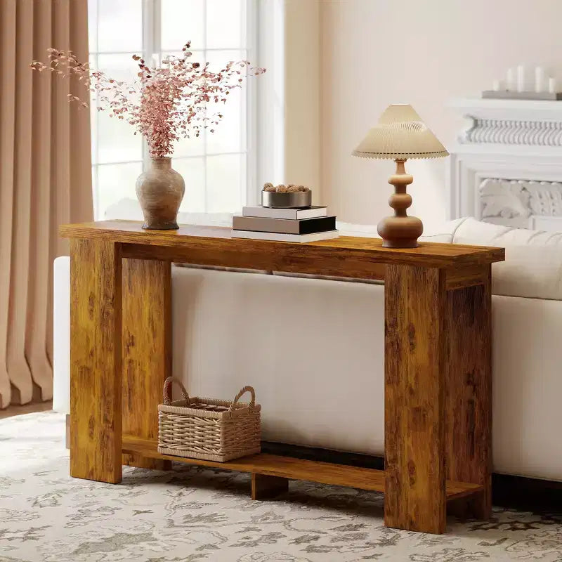 Console rustique de ferme, table d'entrée étroite de 160 cm avec étagère de rangement et plateau épaissi pour salon