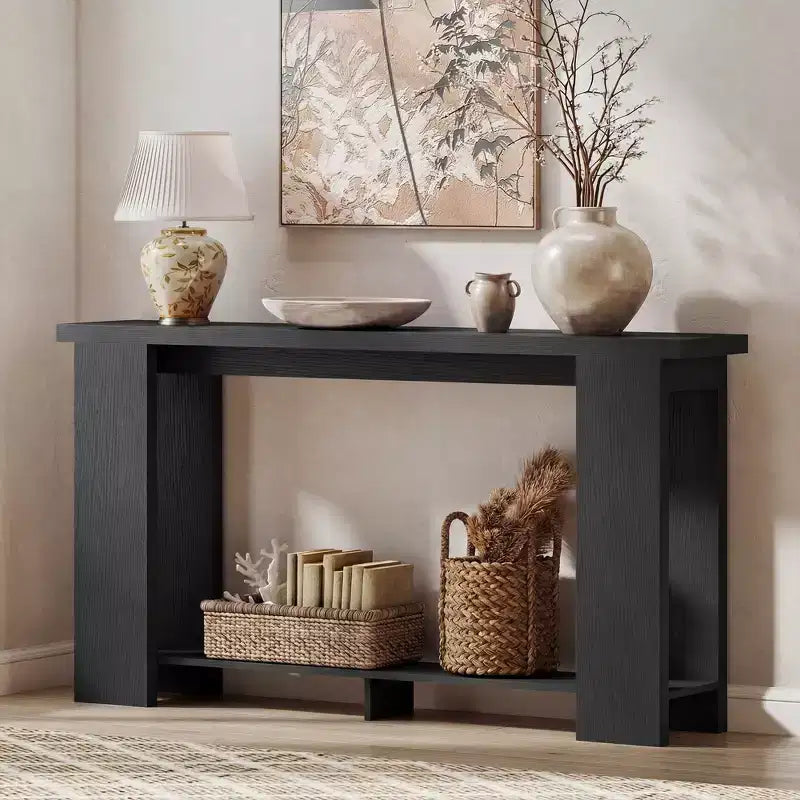 Console rustique de ferme, table d'entrée étroite de 160 cm avec étagère de rangement et plateau épaissi pour salon