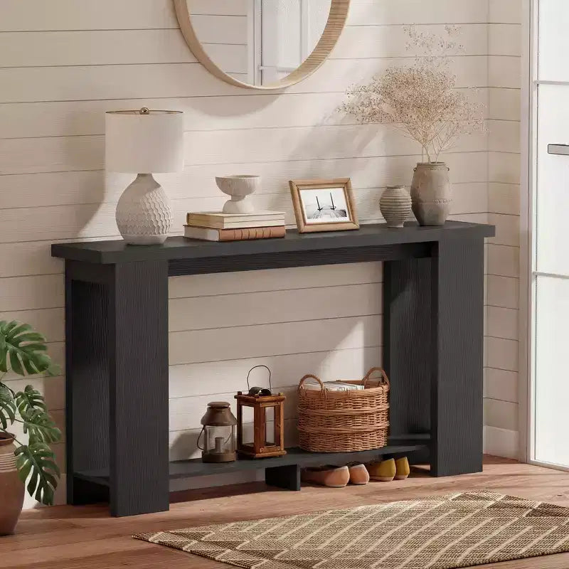 Console rustique de ferme, table d'entrée étroite de 160 cm avec étagère de rangement et plateau épaissi pour salon