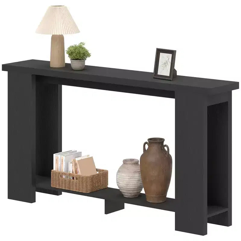 Console rustique de ferme, table d'entrée étroite de 160 cm avec étagère de rangement et plateau épaissi pour salon
