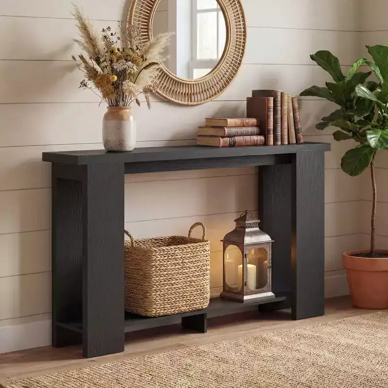 Console rustique de ferme, table d'entrée étroite de 160 cm avec étagère de rangement et plateau épaissi pour salon