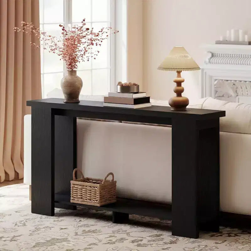 Console rustique de ferme, table d'entrée étroite de 160 cm avec étagère de rangement et plateau épaissi pour salon