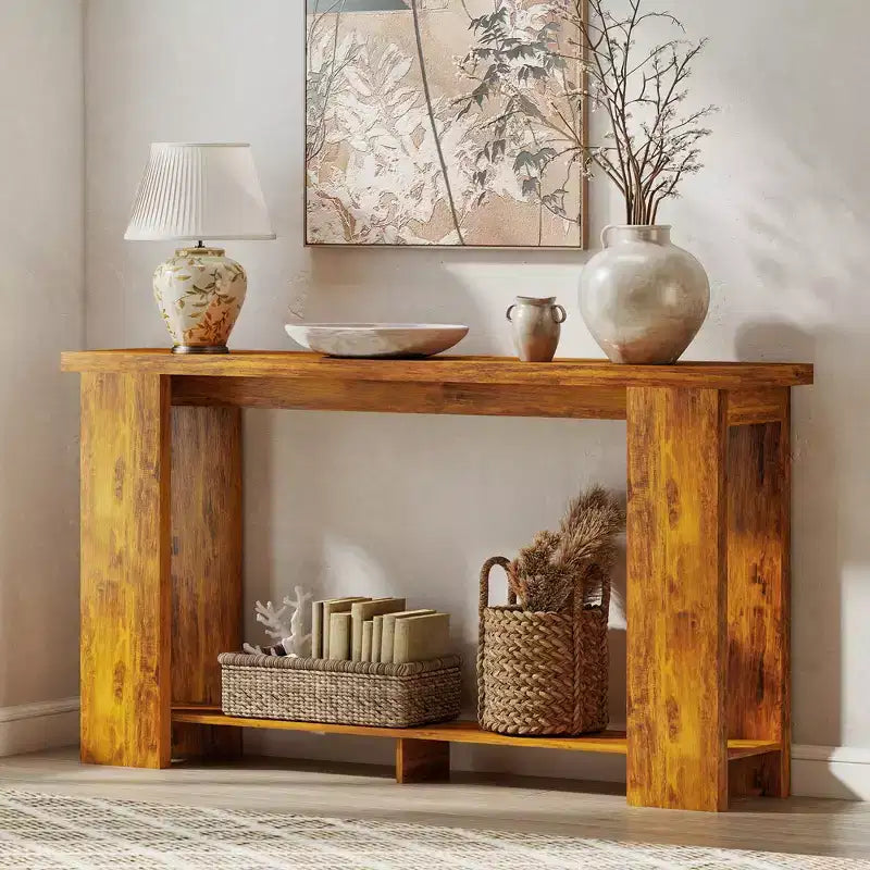 Console rustique de ferme, table d'entrée étroite de 160 cm avec étagère de rangement et plateau épaissi pour salon