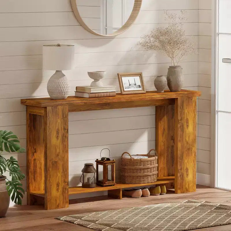 Console rustique de ferme, table d'entrée étroite de 160 cm avec étagère de rangement et plateau épaissi pour salon