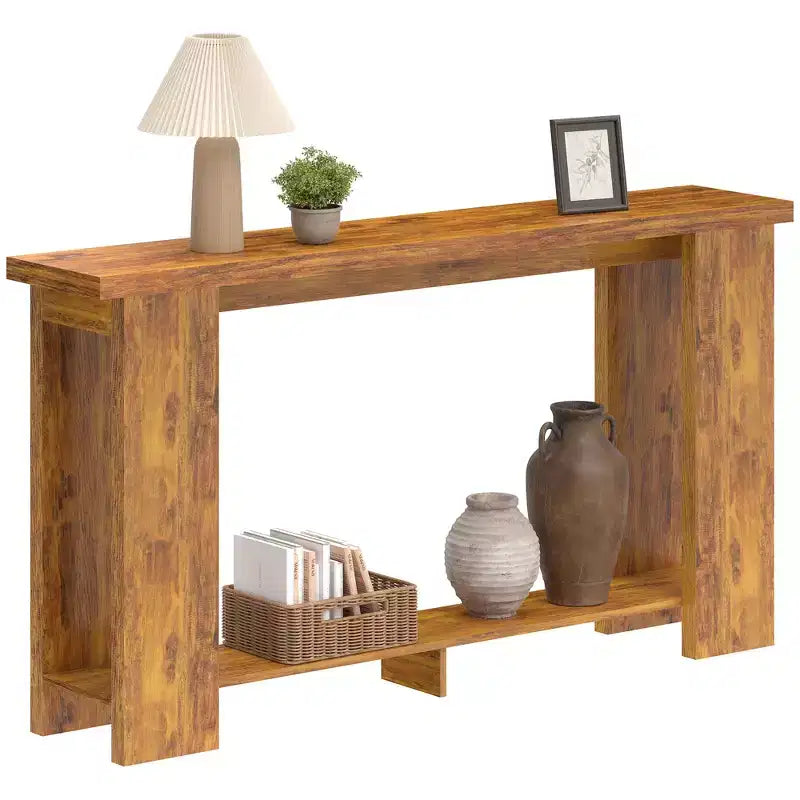 Console rustique de ferme, table d'entrée étroite de 160 cm avec étagère de rangement et plateau épaissi pour salon