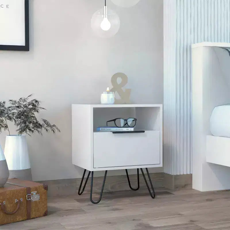 Table de chevet blanche avec tiroir et étagère pour chambre à coucher